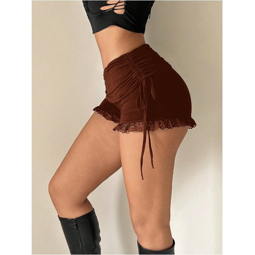 Women's Light Brown Side Drawstring Ruched Lace Shorts Stretchy Mini Shorts - Picture 3 of 5